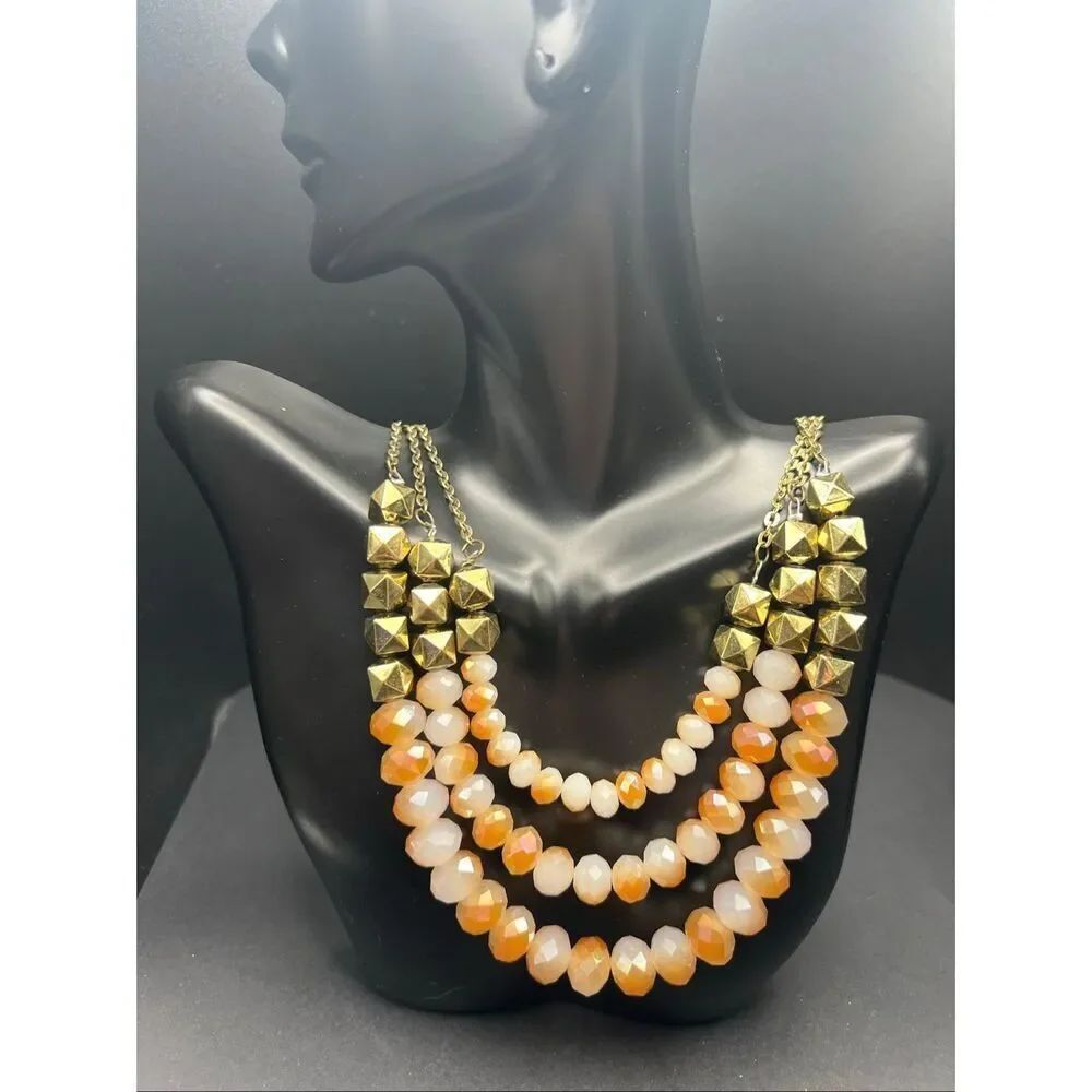 Gold Tone Vintage Style Triple Strand Beaded Statement Necklace w Earring Set